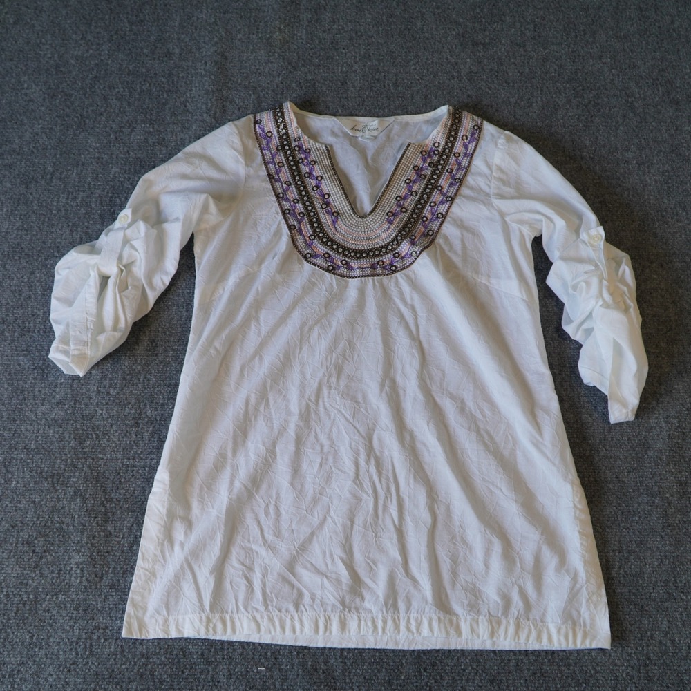 Devon &‎ Kiera White Embroidered Beaded V Neck Roll Sleeve Tunic Top S